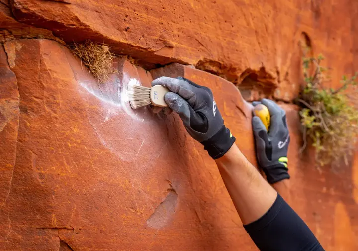 Climbing with conscience in Zion: climber's hand cleaning chalk off a hold, promoting ethics and conservation in the National Park.