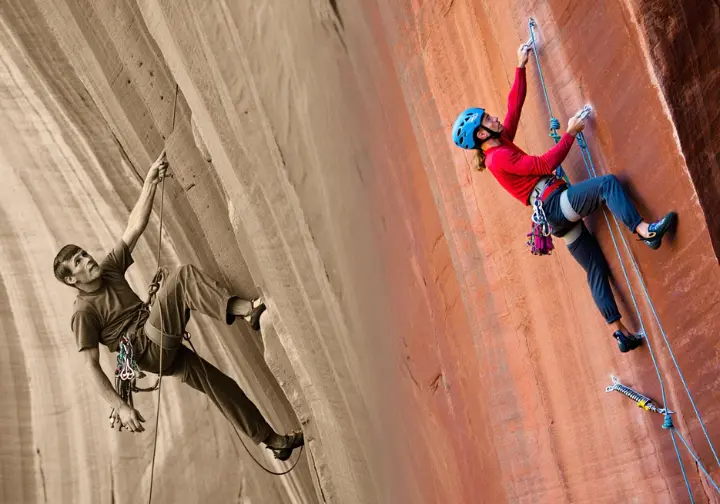 A legacy carved in stone: the history of rock climbing in Zion National Park, showing a blend of historical and modern climbers.