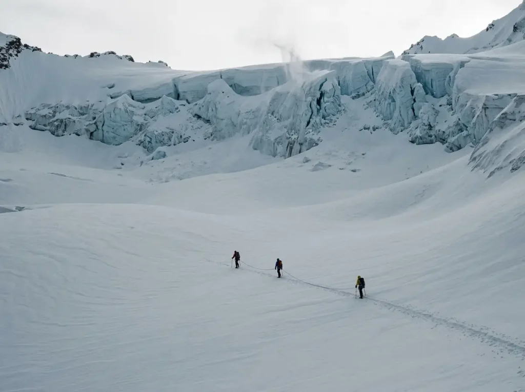 Tiny roped team crossing a vast avalanche slope under hanging seracs, objective hazard on a deadly peak