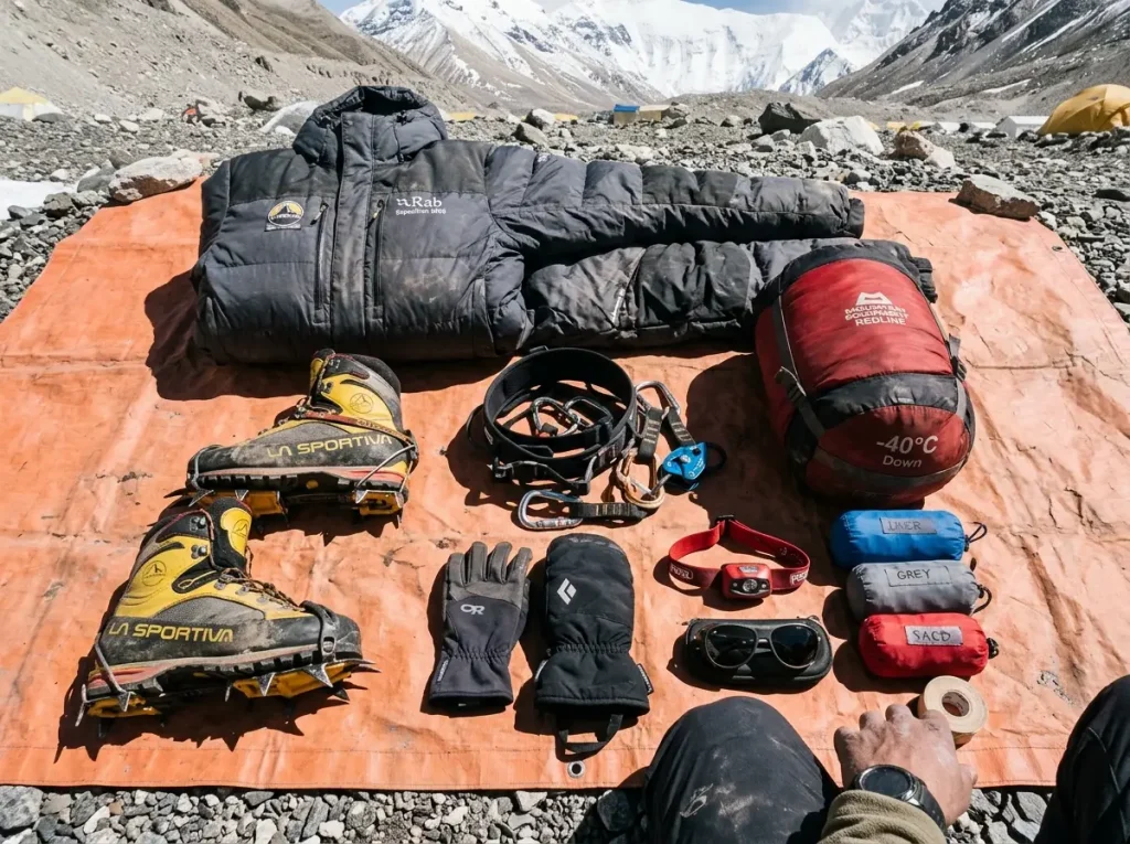 Full Everest climbing gear kit laid out on a tarp at base camp showing the real cost of an 8000m setup