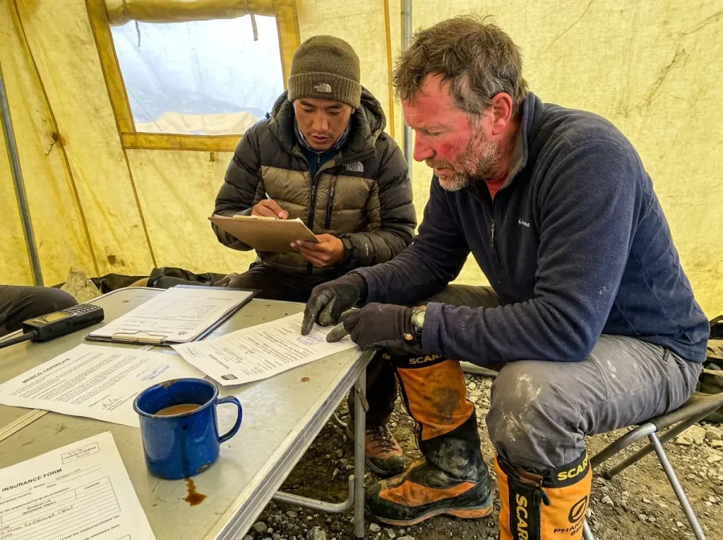 Climber reviewing Everest permit and medical paperwork with expedition staff inside a Base Camp tent