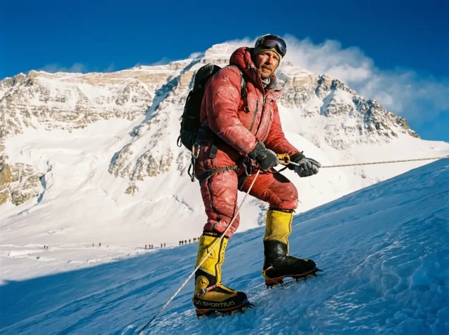 everest-prerequisites-hero-fixed-line Climber in La Sportiva double boots on a fixed line high on Everest, the prerequisites for climbing Mount Everest behind