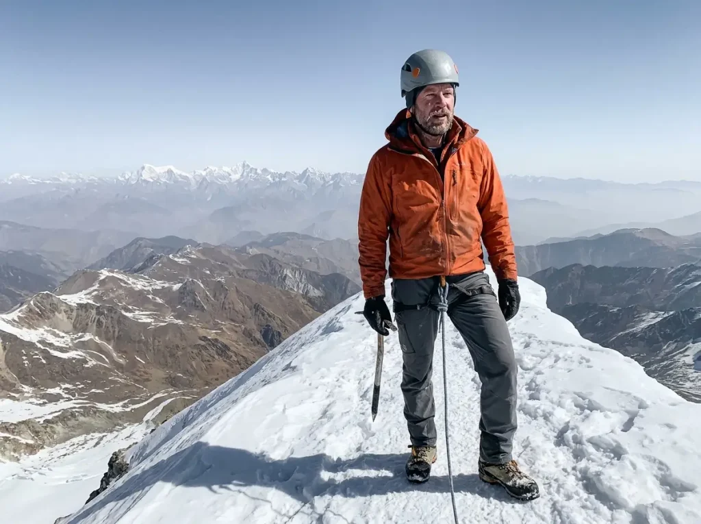Climber on a Himalayan stepping-stone peak ridge, building the experience Everest prerequisites now require