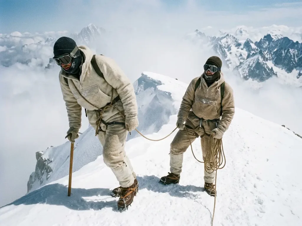 Two roped climbers on a corniced Everest summit ridge, echoing the first ascent of Mount Everest in 1953