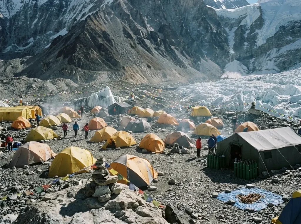 Everest Base Camp tent city sprawled on the Khumbu Glacier, scale of how many people have climbed Mount Everest