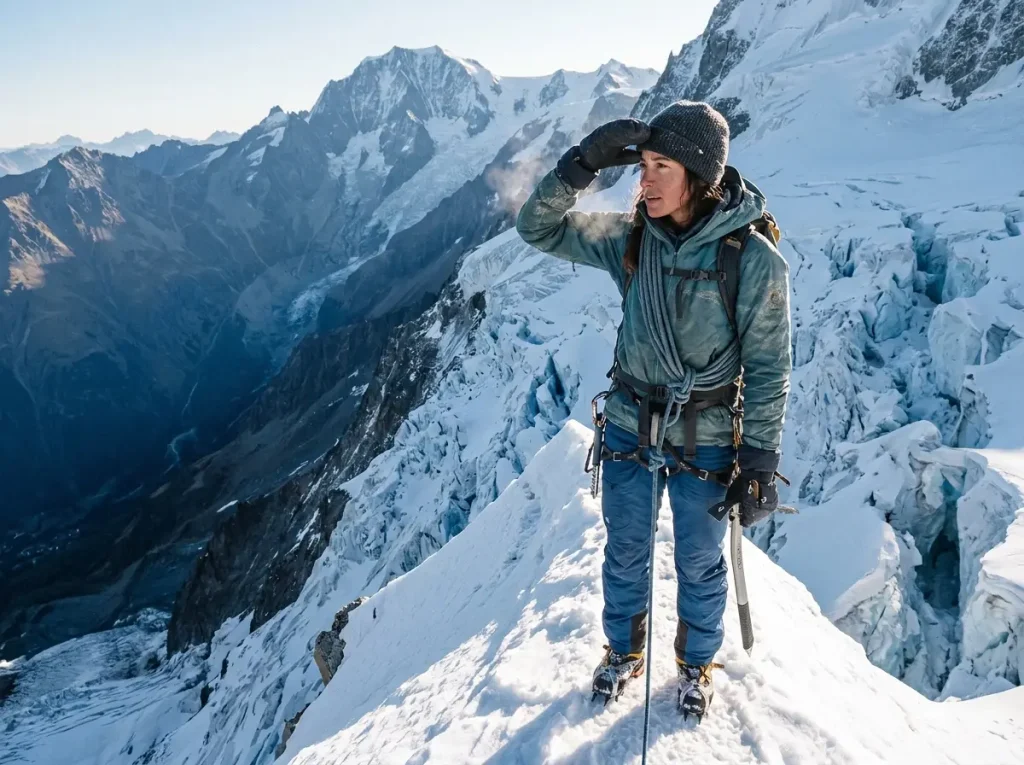 Climber reading a complex route ahead, judging what makes a mountain difficult to climb