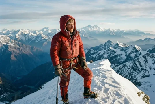 The Most Difficult Mountain to Climb Isn’t Everest Mountaineer on a corniced summit ridge, the most difficult mountain to climb framed at altitude