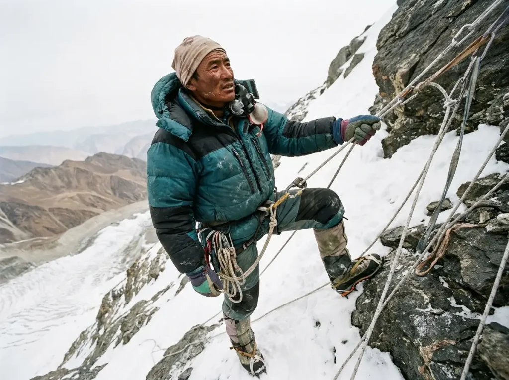 Sherpa guide clipped to a fixed rope on a high Everest step, the working climbers who hold the most-summits records