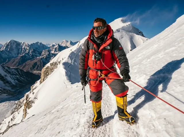 mount-everest-climbing-gear-summit-suit-fixed-line Climber in an 8000m down suit on a fixed line, full Mount Everest climbing gear in real use