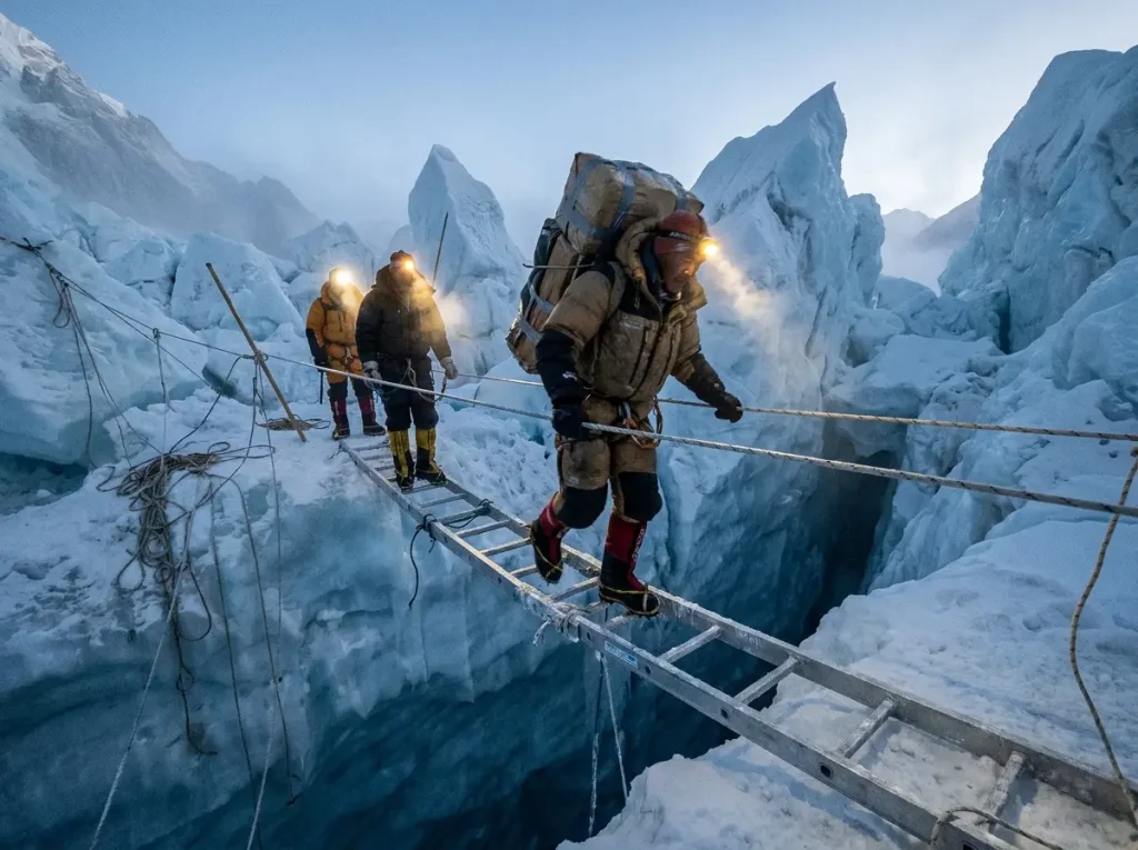 Sherpa team crossing the Khumbu Icefall on ladders before dawn, the guides who carry Everest for every summit