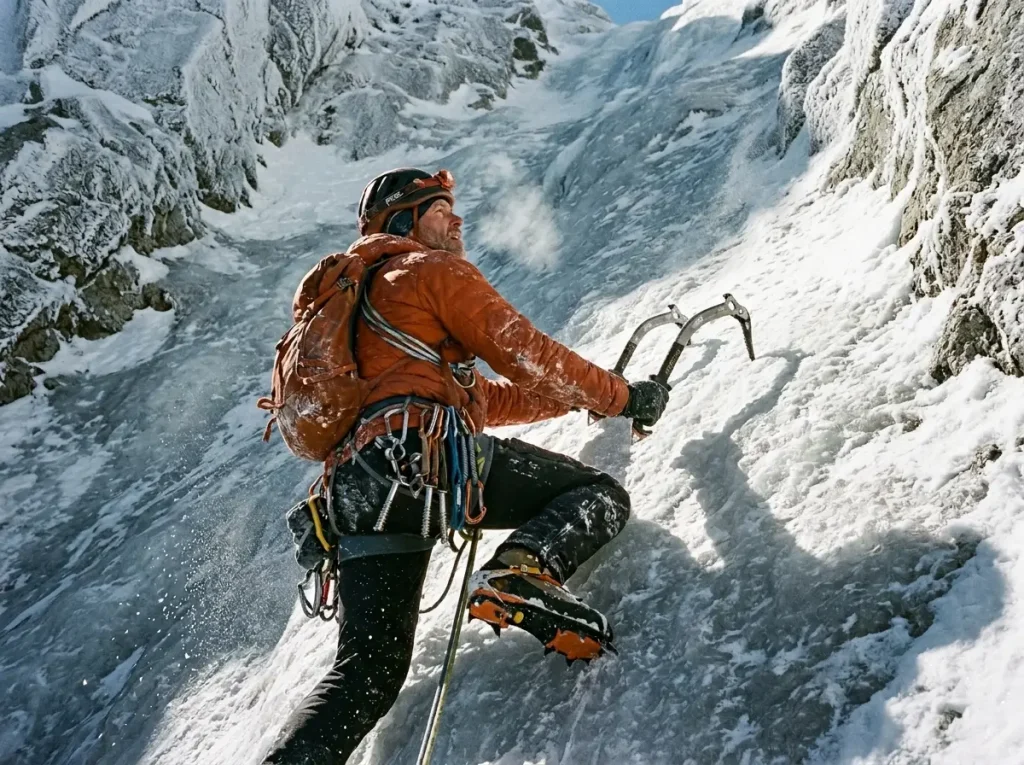 Climber front-pointing up sustained steep ice with no rest, the technical difficulty of a savage mountain