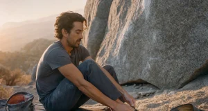 Best Climbing Shoes for Bouldering Without the Foot Pain Boulderer pulling on La Sportiva Skwama shoes on a crash pad before a last attempt at dusk