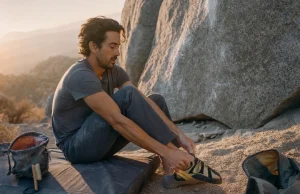 Best Climbing Shoes for Bouldering Without the Foot Pain Boulderer pulling on La Sportiva Skwama shoes on a crash pad before a last attempt at dusk