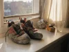 Climbing Shoe Care: One Fix for Funk and Glazed Rubber A worn pair of climbing shoes drying on a sunlit windowsill after a session