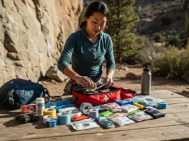 A female climber carefully organizes a well-stocked first aid kit with essential must-haves at an outdoor climbing location.