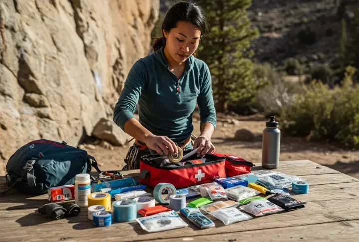 A female climber carefully organizes a well-stocked first aid kit with essential must-haves at an outdoor climbing location.