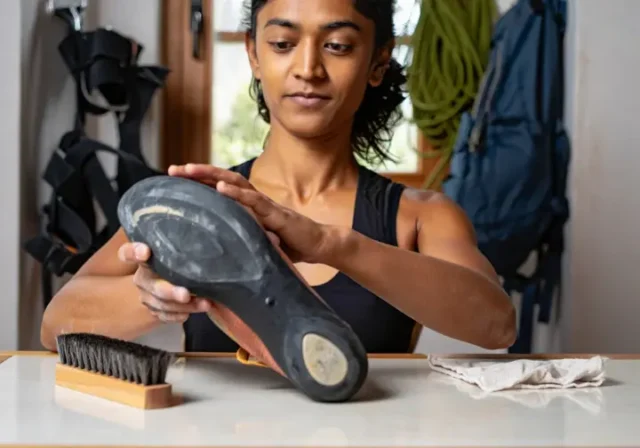 A climber carefully inspecting the rubber on her climbing shoe, with odor-control and cleaning tools nearby, demonstrating comprehensive shoe care to extend its life.
