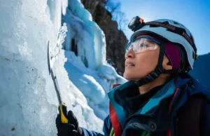 Decode Ice: Formations, Conditions for Safe Ascents Experienced ice climber intently decoding complex ice formations and conditions on a frozen waterfall, planning safe ascent strategies with ice tools and gear.