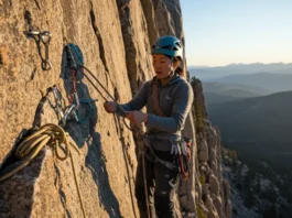 Climber on a multi-pitch route demonstrates essential self-rescue by having escaped the belay and preparing to ascend a rope, highlighting preparedness.
