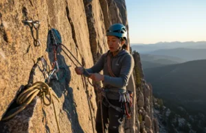 Essential Self-Rescue: Escape Belay, Ascend Rope Climber on a multi-pitch route demonstrates essential self-rescue by having escaped the belay and preparing to ascend a rope, highlighting preparedness.
