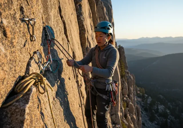 Climber on a multi-pitch route demonstrates essential self-rescue by having escaped the belay and preparing to ascend a rope, highlighting preparedness.