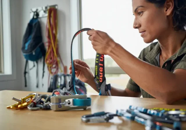 A female climber performing a crucial check by inspecting her climbing harness, with carabiners and other hardware laid out for maintenance.