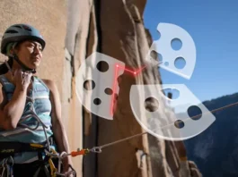 Climber at a belay station with a conceptual Swiss Cheese Model overlay in her vision, highlighting a potential hazard on the route ahead, illustrating understanding for safer climbing.