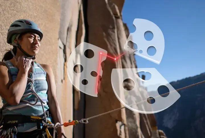 Climber at a belay station with a conceptual Swiss Cheese Model overlay in her vision, highlighting a potential hazard on the route ahead, illustrating understanding for safer climbing.