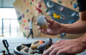 The Setter’s Secret: How Gym Climb Grades Emerge Close-up of route setter's hands selecting a climbing hold, symbolizing the secret of how gym climb grades emerge through route setting.