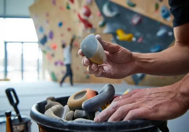 Close-up of route setter's hands selecting a climbing hold, symbolizing the secret of how gym climb grades emerge through route setting.