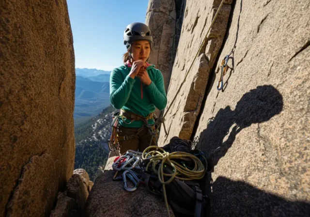 A female climber at a belay station on a multi-pitch route, assessing her gear to perform a simple partner rescue for a stuck or injured climber.