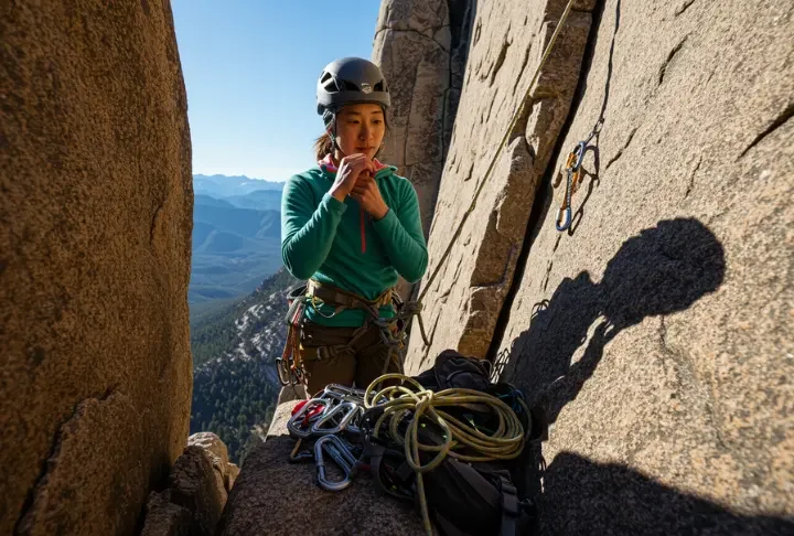 A female climber at a belay station on a multi-pitch route, assessing her gear to perform a simple partner rescue for a stuck or injured climber.