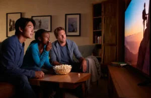 The Ultimate Guide: Inspiring Climbing Films & Docs Diverse group of friends watching an inspiring climbing film on a large screen, faces lit with awe, for the ultimate guide to climbing films and docs.