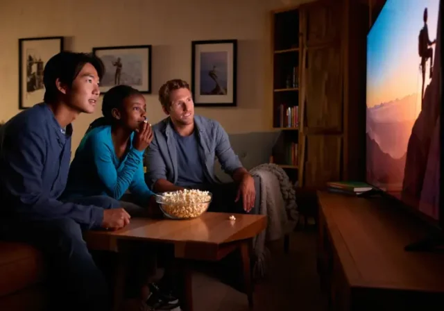 Diverse group of friends watching an inspiring climbing film on a large screen, faces lit with awe, for the ultimate guide to climbing films and docs.