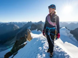 Alpinist on a snowy summit with ice axe and rope, overlooking mountain vista, having unlocked alpine success through fundamental climbing skills.