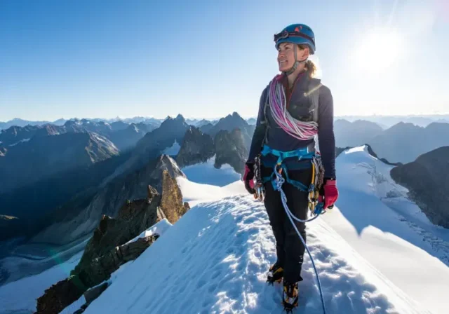 Alpinist on a snowy summit with ice axe and rope, overlooking mountain vista, having unlocked alpine success through fundamental climbing skills.