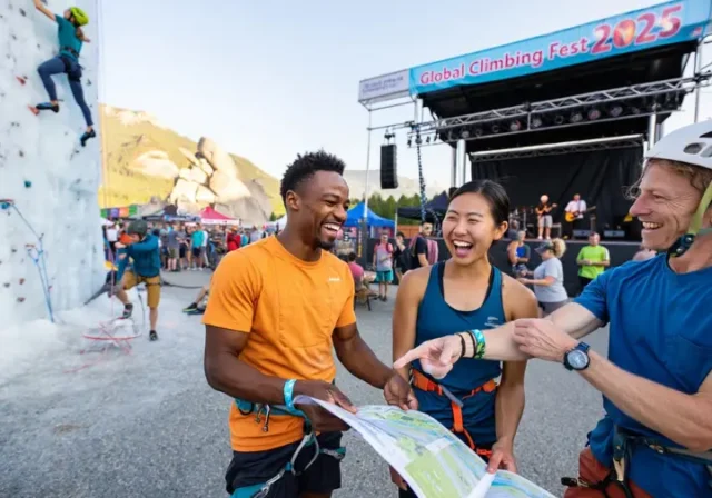 Diverse group of climbers at a vibrant outdoor climbing festival, with scenes of ice climbing, bouldering, and music, representing the 2025 guide to the world's best climbing festivals.