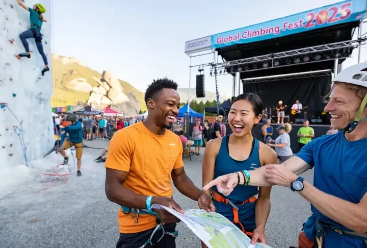 Diverse group of climbers at a vibrant outdoor climbing festival, with scenes of ice climbing, bouldering, and music, representing the 2025 guide to the world's best climbing festivals.
