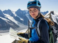 Alpine Nav: Master Map, Compass & GPS in Mountains Alpinist using a map, compass, and GPS for mountain navigation in a snowy alpine terrain, demonstrating mastery of essential tools for alpine success.