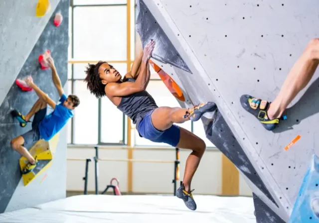Composite image demystifying advanced bouldering moves: a central dyno, with clear examples of a heel hook and a toe hook, for a comprehensive analysis.