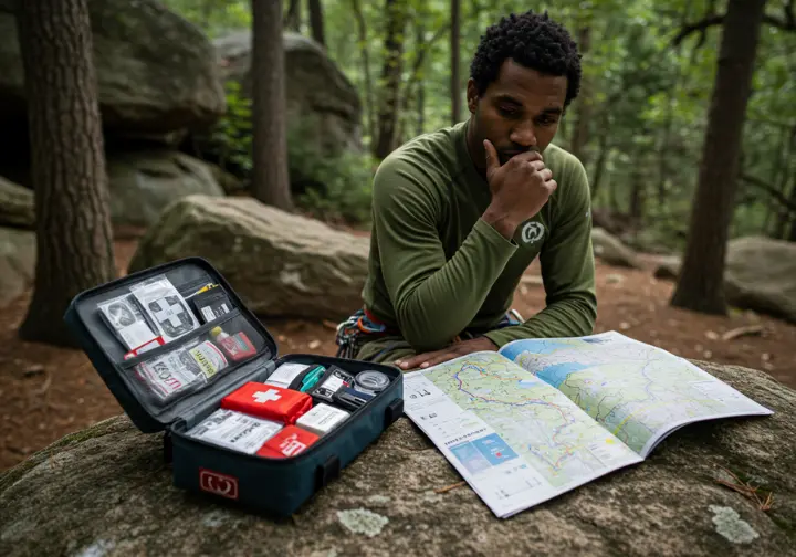 A male climber thoughtfully considers his first aid kit contents in relation to a climbing guidebook, illustrating core principles of a climber's first aid kit.