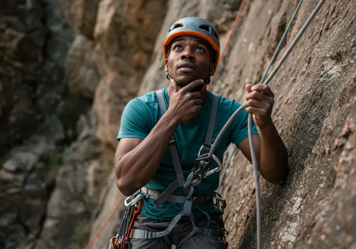 A male climber at a belay assessing a situation with a stuck partner above, demonstrating the critical first step of decision-making in simple partner rescue.