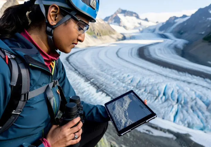 Alpinist using binoculars and a map to decode glacier features like crevasses and seracs from a vantage point, gaining essential knowledge for safe glacier travel.
