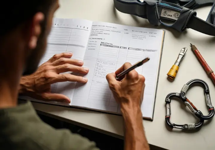 A climber's hands update a gear logbook, with a harness showing safety standards and a worn carabiner nearby, showing the foundation of gear maintenance.