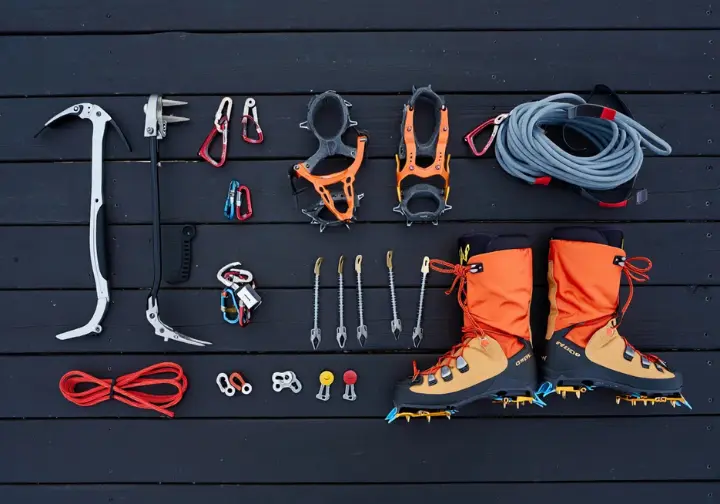 Flat lay of specialized mixed climbing essentials: hybrid ice tools, mono-point crampons, boots, ice screws, rock protection (cams, nuts), and helmet, for gearing up.