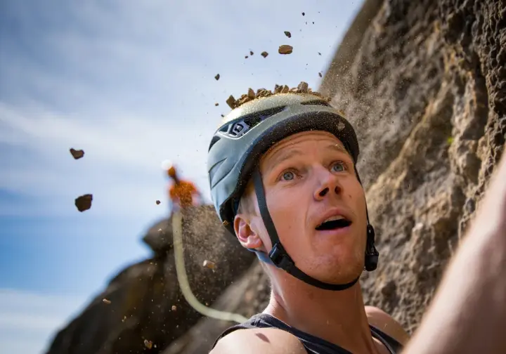 Climber on a rock face with small rocks bouncing off their helmet, demonstrating the unmistakable 'why' helmets protect from hazards like rockfall.