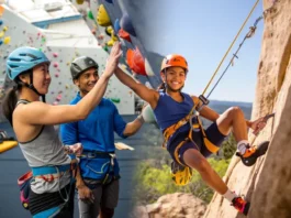 Climbers transitioning from an indoor gym to an outdoor sport climbing crag, illustrating the complete beginner's guide to mastering gym-to-crag sport climbing.