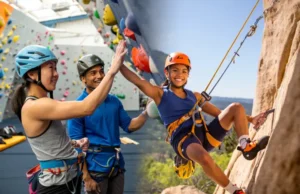 Master Gym to Crag: Sport Climb Beginner Guide Climbers transitioning from an indoor gym to an outdoor sport climbing crag, illustrating the complete beginner's guide to mastering gym-to-crag sport climbing.