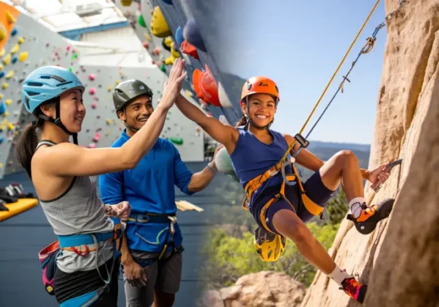 Climbers transitioning from an indoor gym to an outdoor sport climbing crag, illustrating the complete beginner's guide to mastering gym-to-crag sport climbing.