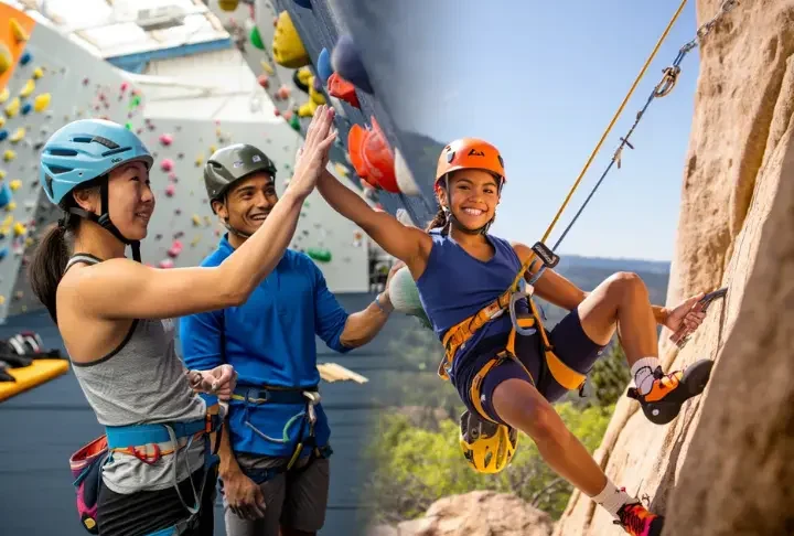 Climbers transitioning from an indoor gym to an outdoor sport climbing crag, illustrating the complete beginner's guide to mastering gym-to-crag sport climbing.